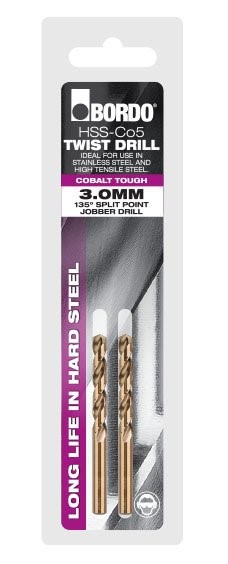 BORDO DRILL JOBBER COBALT 1.00MM - CARDED PKT OF 2 
